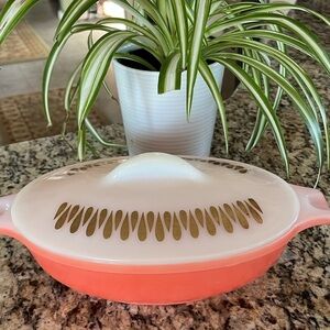 MCM Salmon Pink Glasbake “Gold Rain” Oval Casserole Dish with Lid 1950’s